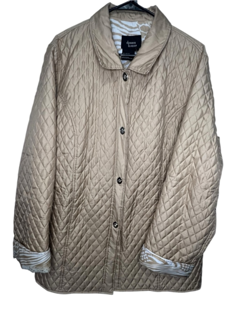 Dennis Basso Tan 100% Silk Quilted Jacket With Animal Print Lining